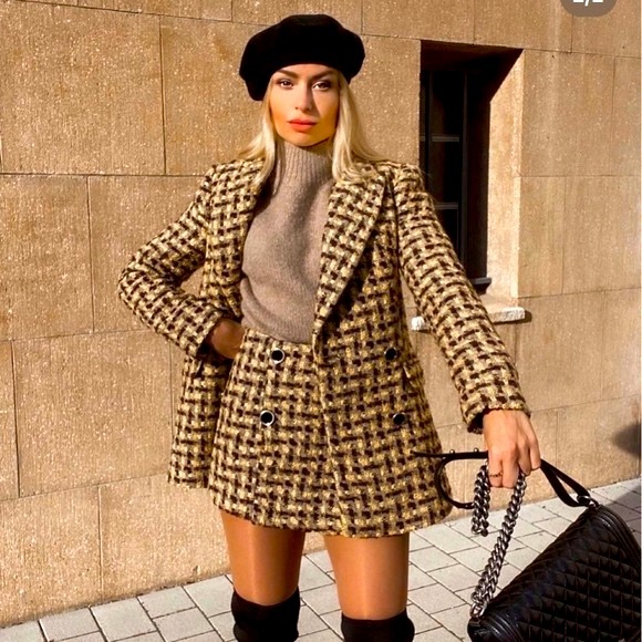 Zara Jackets & Blazers - Tweed 2-Piece Set Plaid Double Breasted Blazer Female Slim High Waist Skort Suit